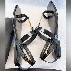 Saint Laurent Black Patent Leather T-Strap Sandals with Gold YSL Logo